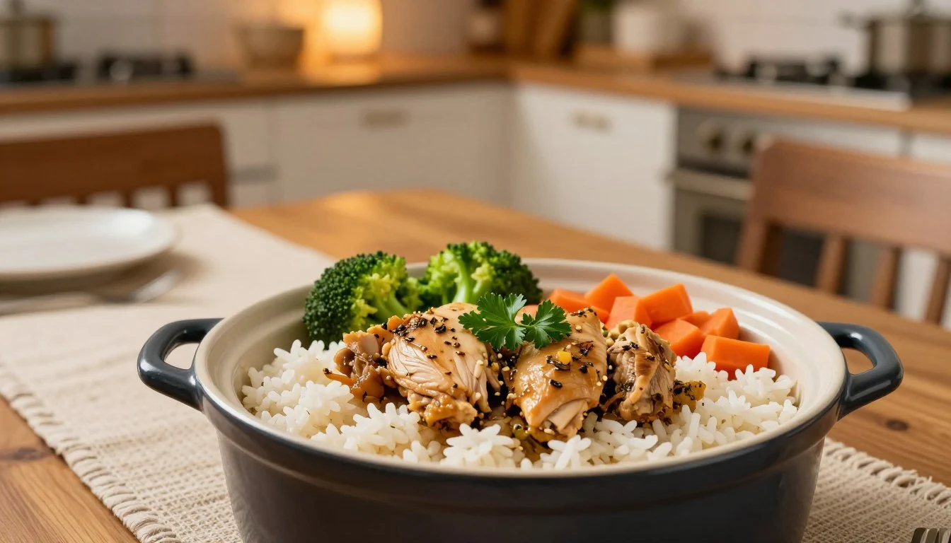 Chicken and Rice Crockpot Recipe cooked in a slow cooker with tender chicken and fluffy rice