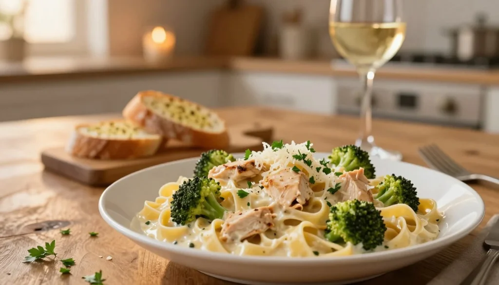 Chicken and Broccoli Alfredo Recipe plated over fettuccine in a white bowl