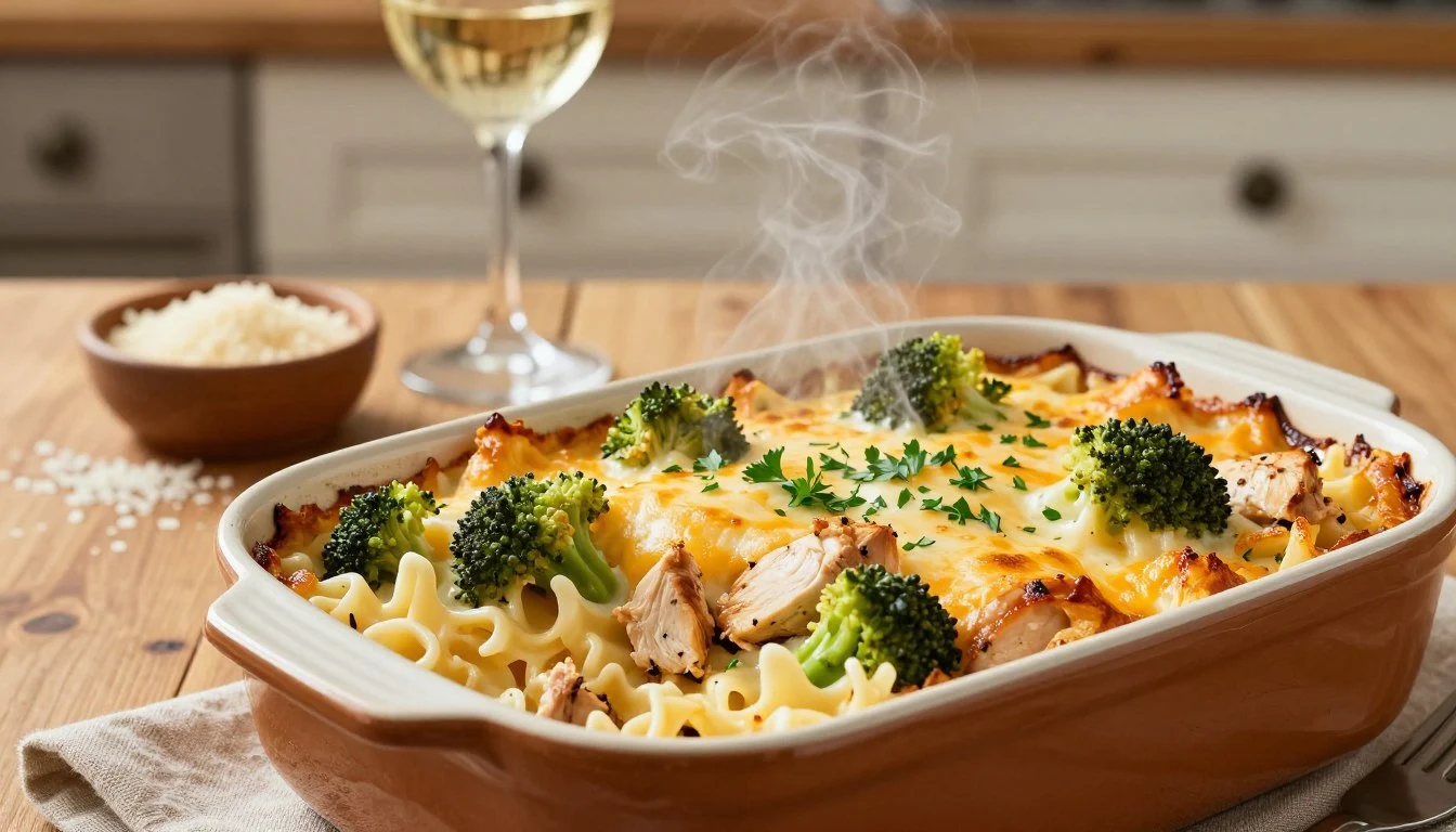 Chicken broccoli Alfredo pasta bake with creamy sauce and melted cheese in a baking dish
