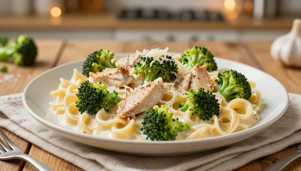 Creamy Chicken and Broccoli Alfredo Recipe in skillet before serving