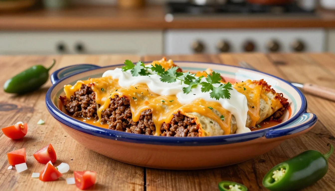 Ground beef enchiladas baked with melted cheese, sour cream, and fresh cilantro in a casserole dish
