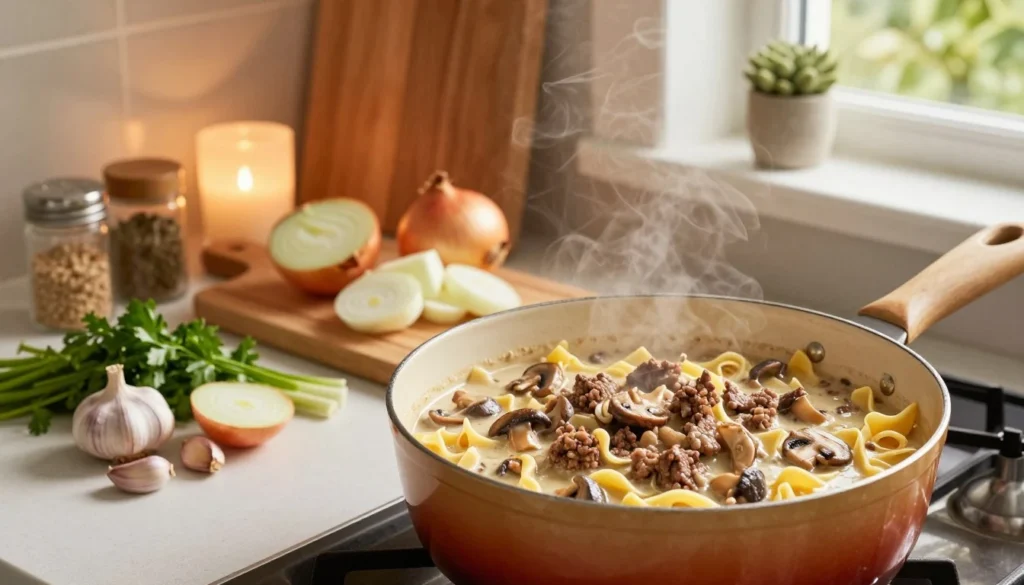 Ground Beef Stroganoff: 5 Tips for a Perfectly Creamy Sauce Ground beef stroganoff cooking in a skillet with mushrooms and onions
