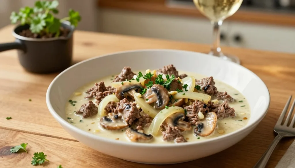 Ground Beef Stroganoff: 5 Tips for a Perfectly Creamy Sauce Creamy stroganoff sauce with ground beef and mushrooms in a skillet