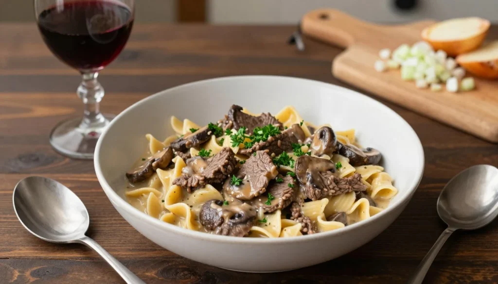 Ground Beef Stroganoff: 5 Tips for a Perfectly Creamy Sauce Ground beef stroganoff with creamy mushroom sauce served over egg noodles