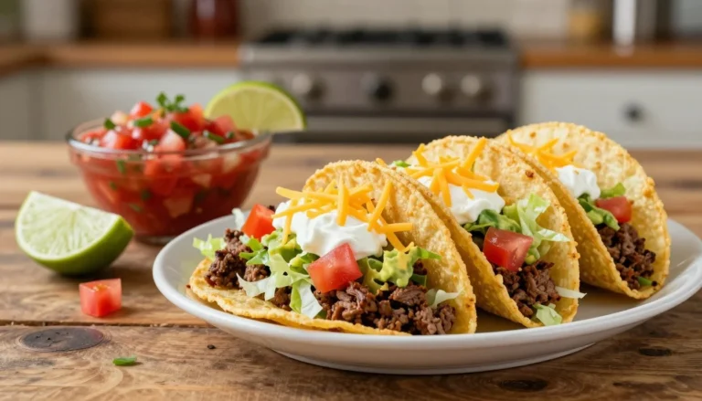 Ground beef taco recipe with crispy hard shells, seasoned beef, lettuce, cheese, sour cream, and fresh salsa