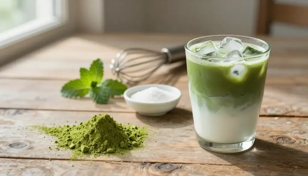 Matcha powder, milk, warm water, sweetener, and ice for an iced latte