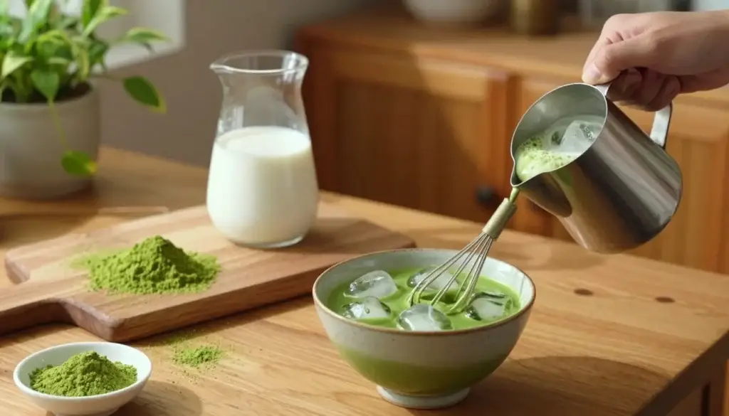 Whisking matcha with warm water until smooth and slightly frothy