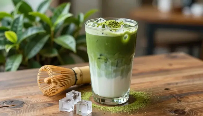 Iced matcha latte recipe in a tall glass with ice and layered milk, topped with matcha powder