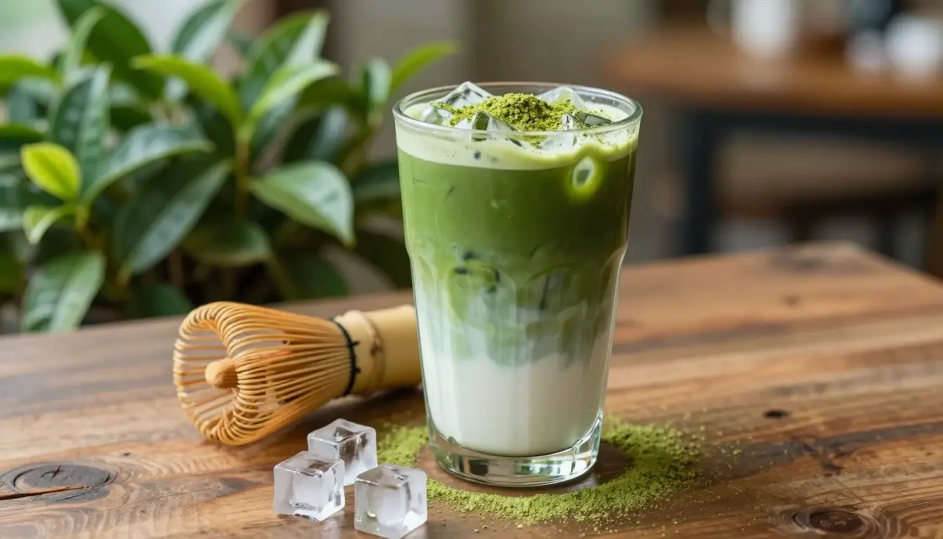 Iced matcha latte recipe in a tall glass with ice and layered milk, topped with matcha powder